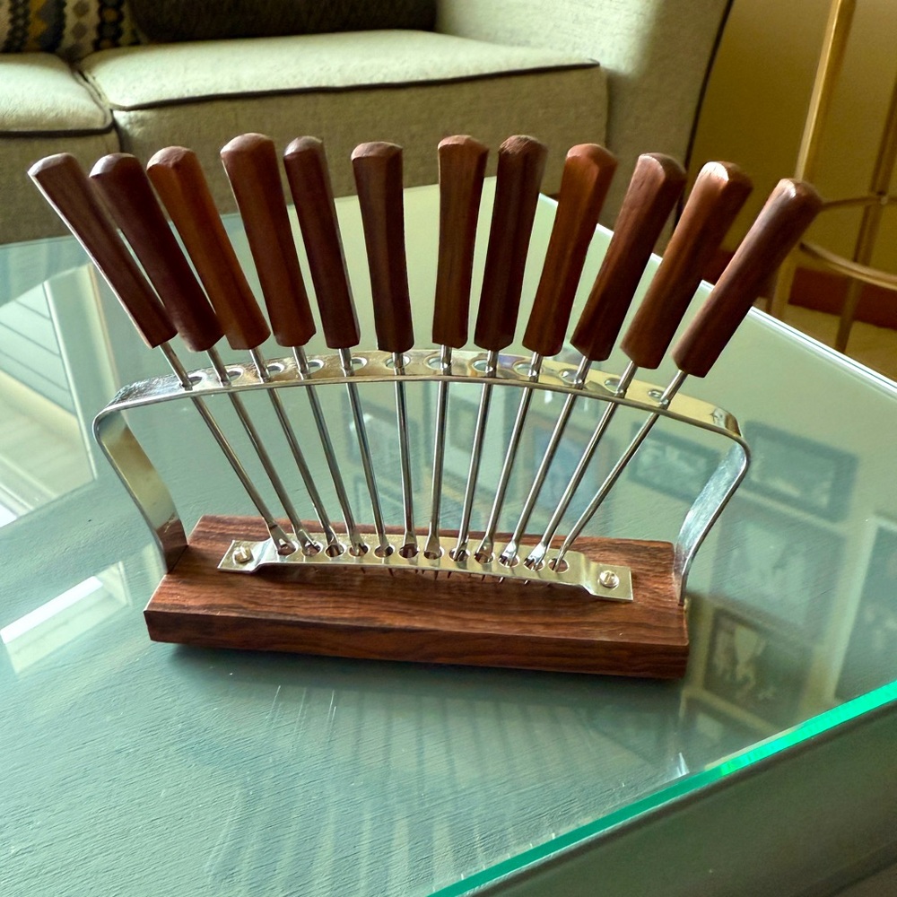 Vintage Cocktail Appetizer Stainless Steel and Rosewood Stand Bar Rostfrei Set.